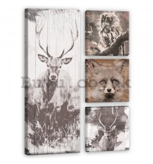 Painting on canvas: Animals in the forest - set 1pc 80x30 cm and 3pc 25,8x24,8 cm