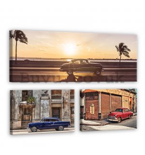 Painting on canvas: Havana car by the sea - set 1pcs 80x30 cm and 2pcs 37,5x24,8 cm