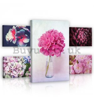 Painting on canvas: Pink flowers - set 1pc 70x50 cm and 4pc 32,4x22,8 cm